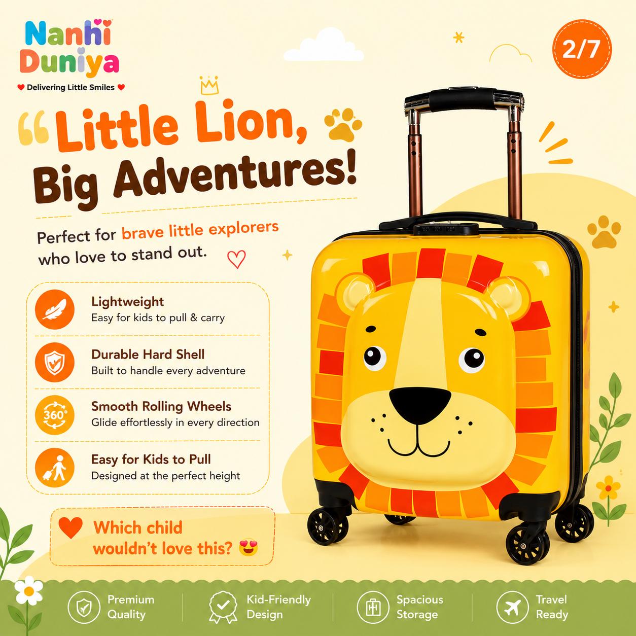 Animal Adventure Kids Trolley Suitcase with 360° Spinner Wheels - Lion