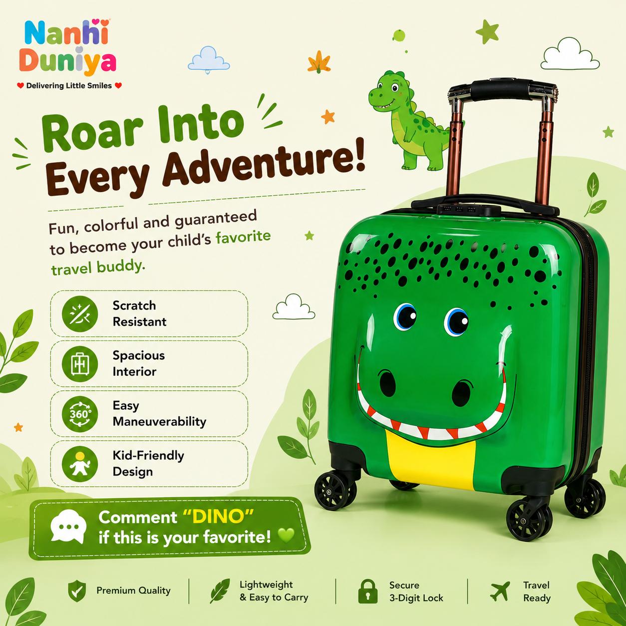 Animal Adventure Kids Trolley Suitcase with 360° Spinner Wheels - Dino