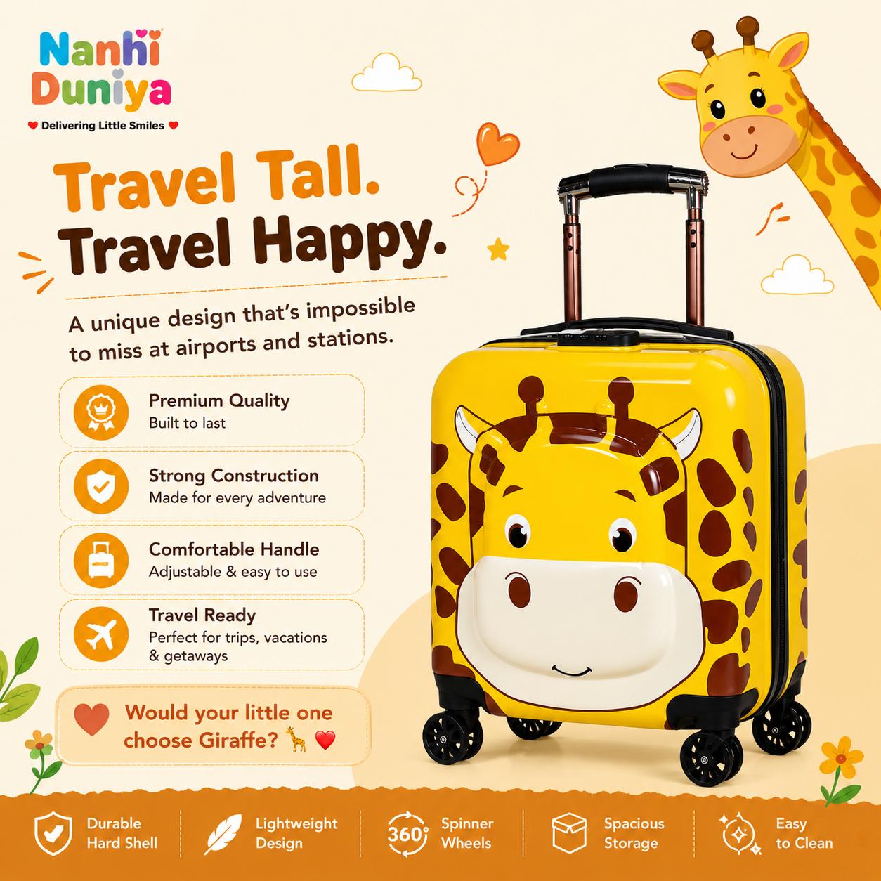 Animal Adventure Kids Trolley Suitcase with 360° Spinner Wheels - Giraffe