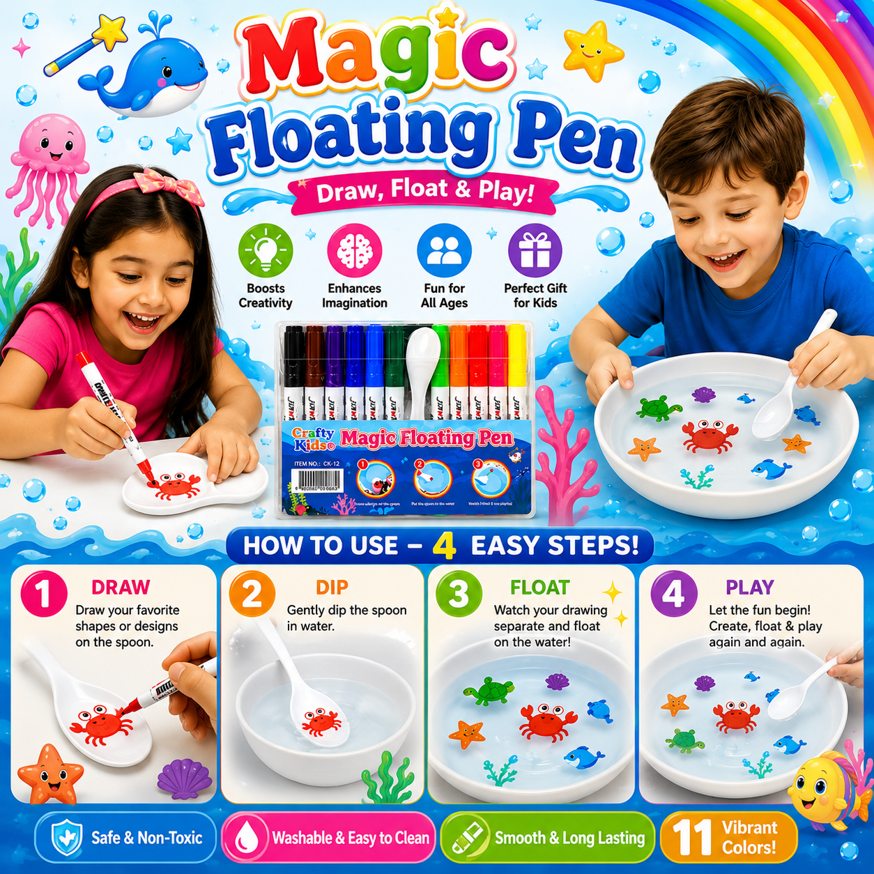 Magic Floating Pen Set, Non-Toxic with Floating Ink Art Effect, 11 Colorful Markers with Spoon for Kids, Best for Gifts 3+ Years - Pack of 1