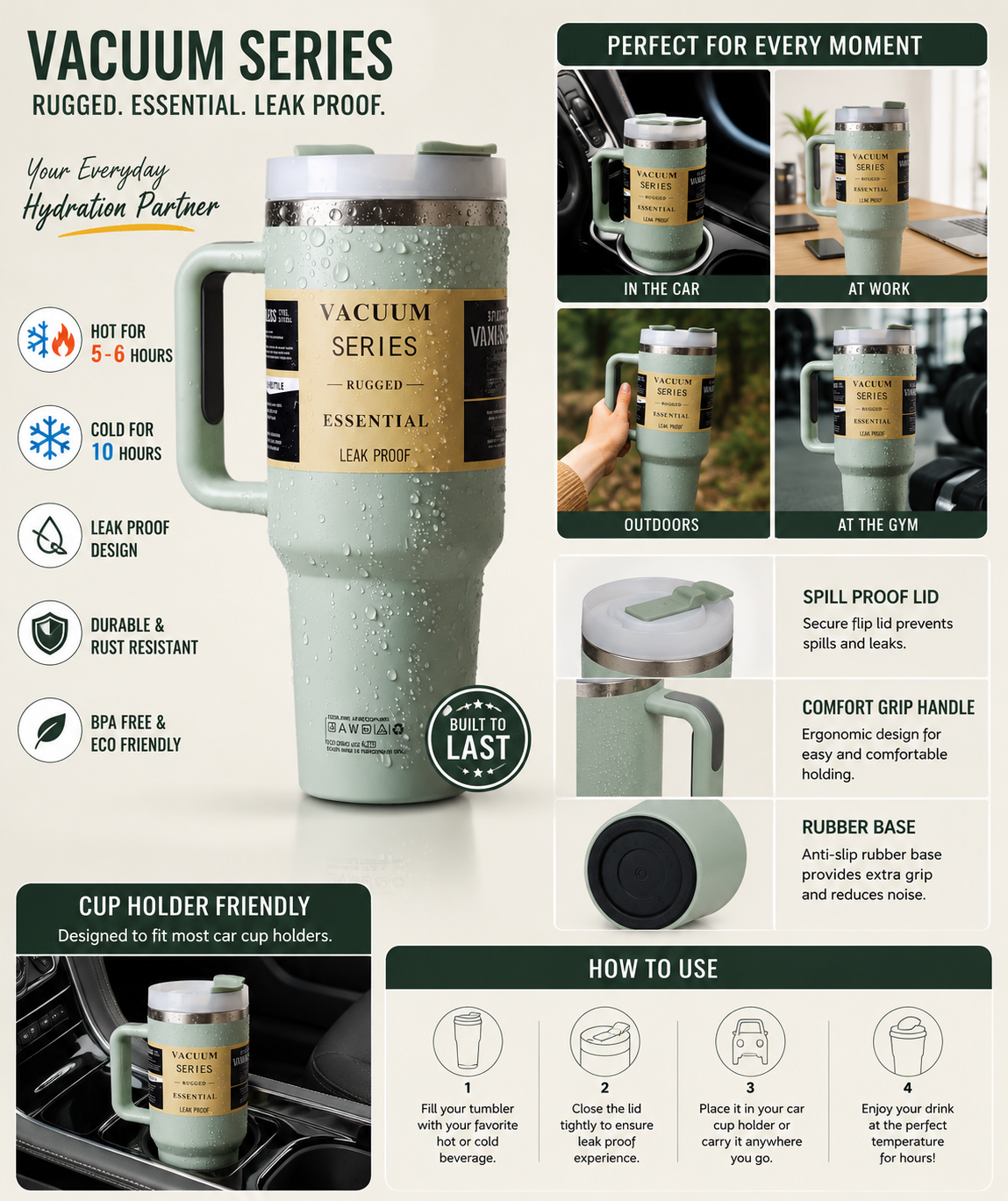 1200ML Stainless Steel Tumbler with Transparent Lid & Black Flip Spout – 40oz Double Wall Insulated Mug, Leak-Proof Travel Cup with Handle for Hot & Cold Drinks - Sage Green