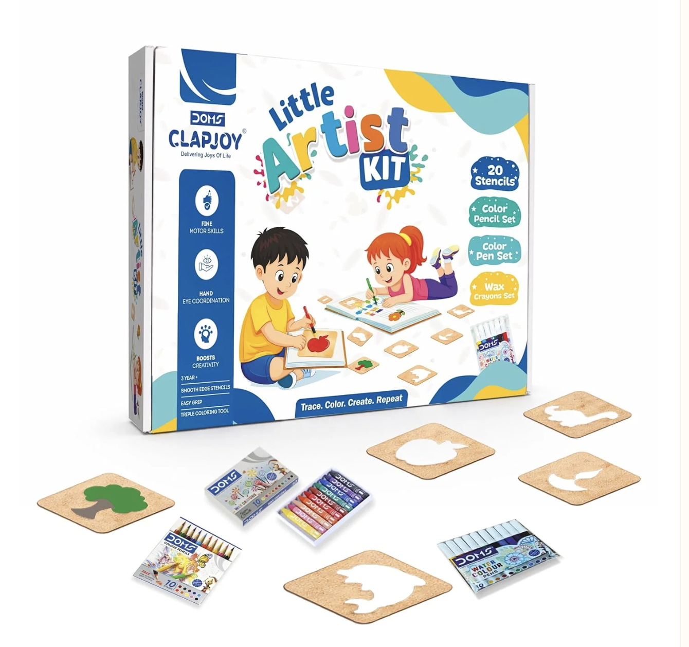 Little Artist Kit for Kids 3+ Years | 20 MDF Stencils with Color Pencils, Sketch Pens & Wax Crayons | Gift Pack