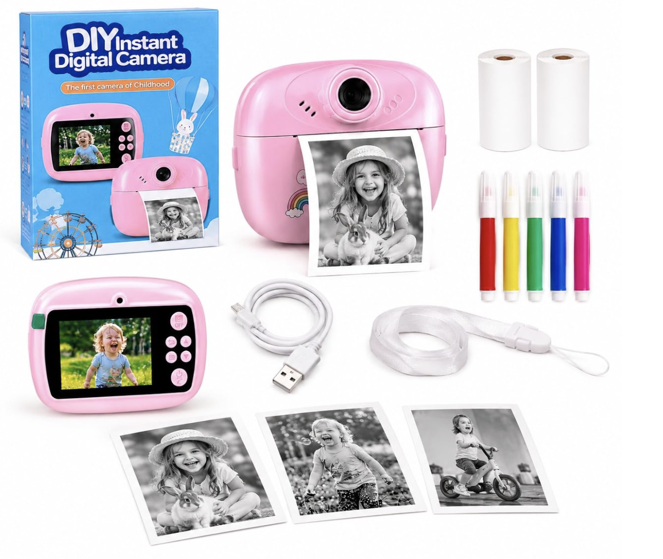 Kids Instant Print Camera for Children 1080P HD Digital Camera with Selfie Lens Thermal Printing Camera 2.4 Inch IPS Screen Rechargeable Print Rolls, Lanyard, USB Cable & Color Pens Pink (Imported)